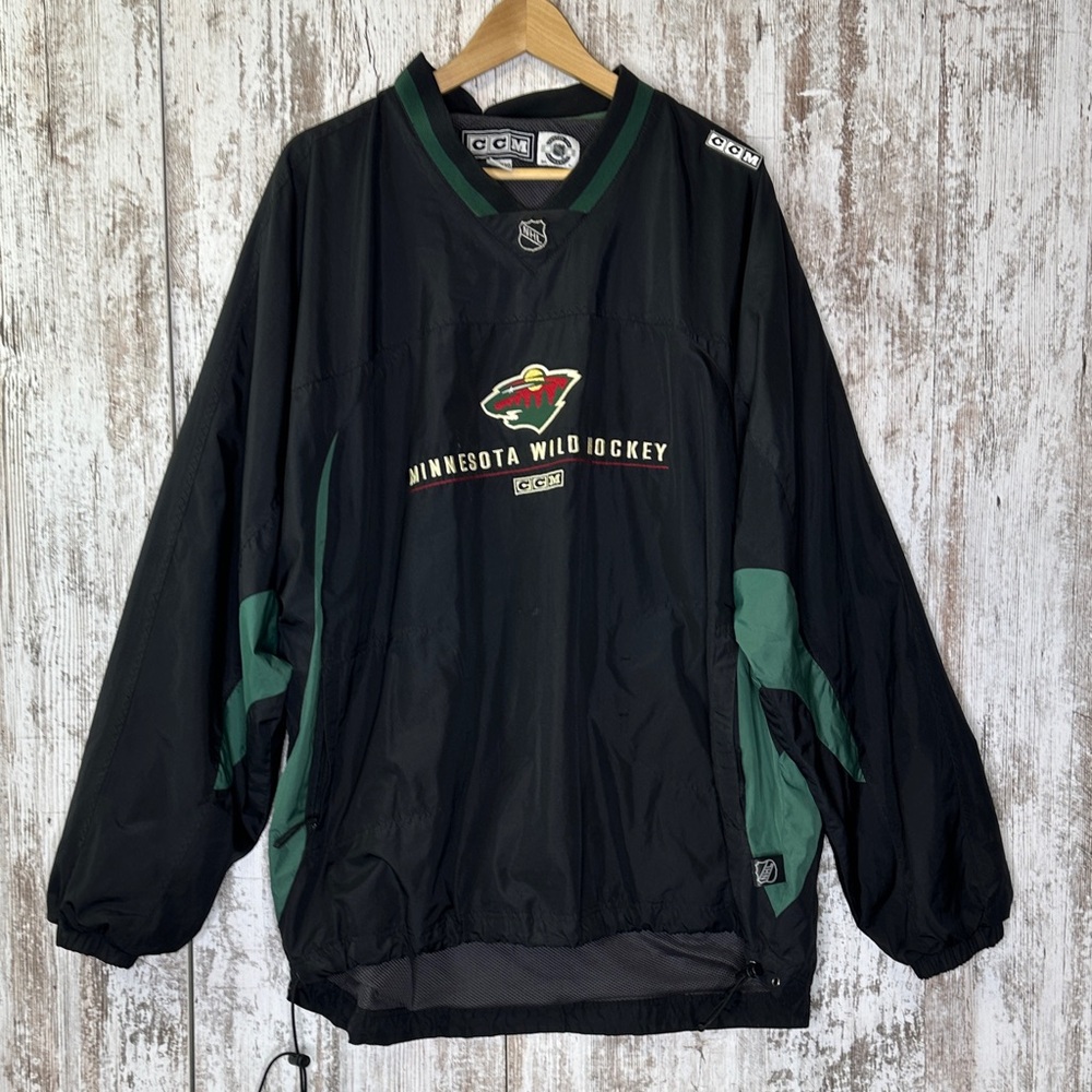CCM Minnesota Wild Pullover Windbreaker Jacket XXL Black Green NHL Vintage Y2K